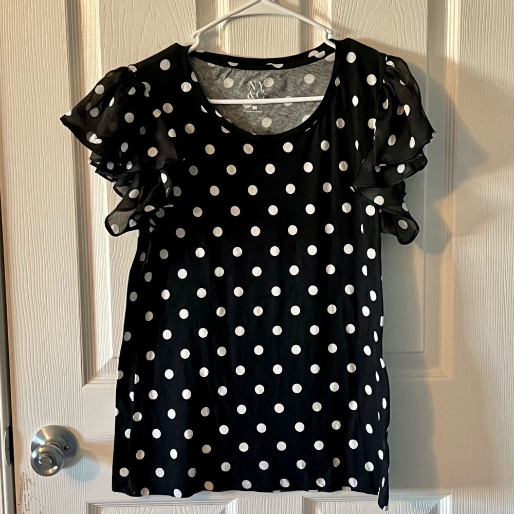 NY & Company Flutter-Sleeve Blouse (Black/White, Polka Dot)